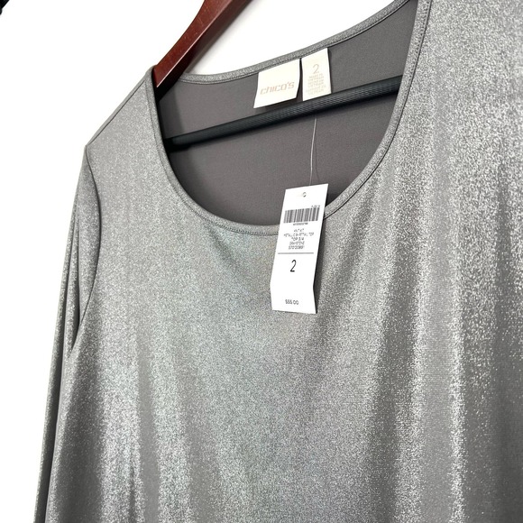 NEW NWT Chicos Sz 2 LARGE Metallic Silver 3/4 Sleeve Blouse Shirt Top Christmas - Picture 5 of 9